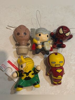 Hallmark Marvel Christmas ornaments Thor, Iron Man, Spider-Man, Groot, and Loki.